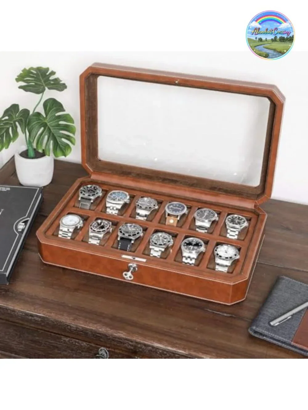 12 Slot PU Leather Watch Box with Glass Top for Men